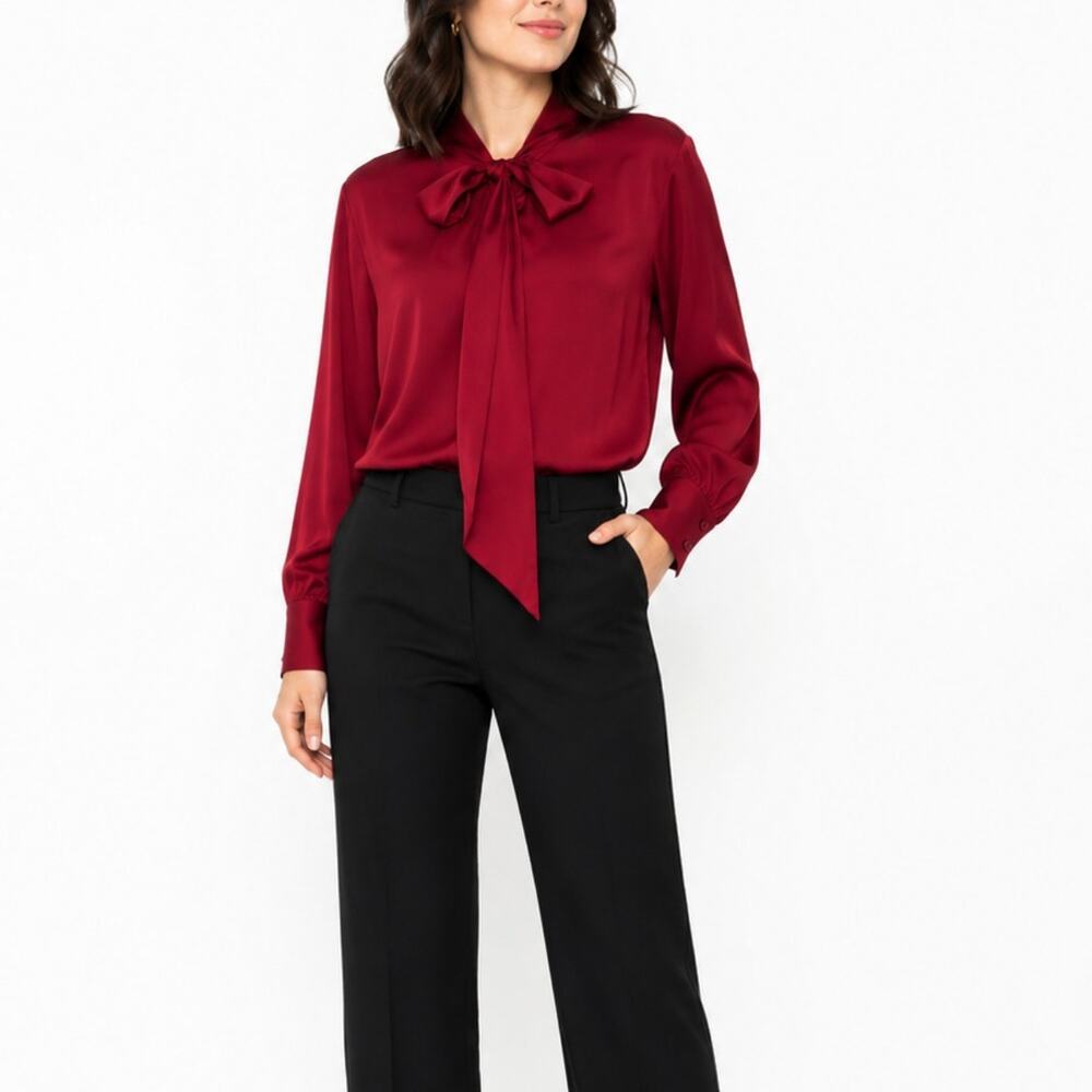 Escalier Red Satin Long Sleeve Blouse Pussybow Neck Tie Medium Formal